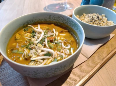 Fotka Zeleninové (curry stew) s bulgurom + krevety